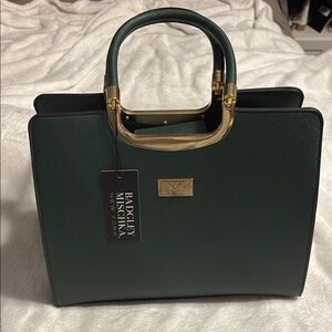 Badgley Mischka Green and Gold Satchel with Sophisticated Design